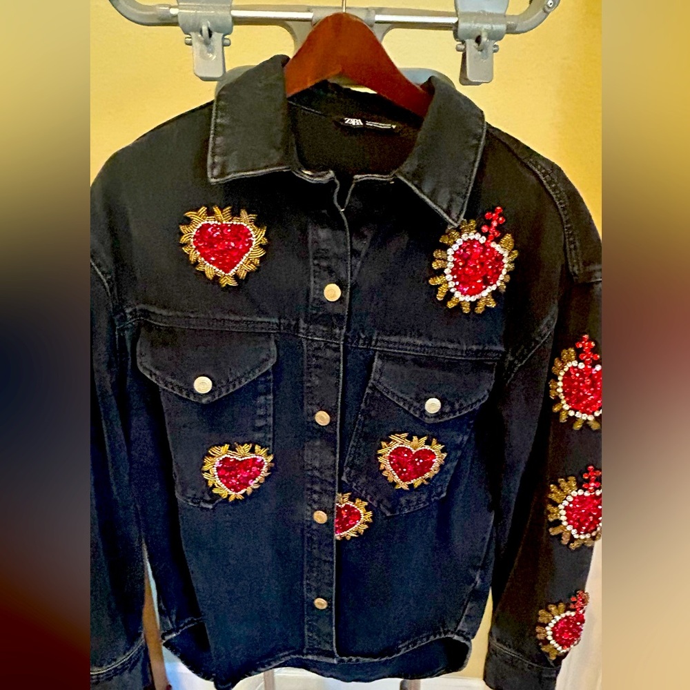 Zara Black Jean Jacket with Red Embellishments